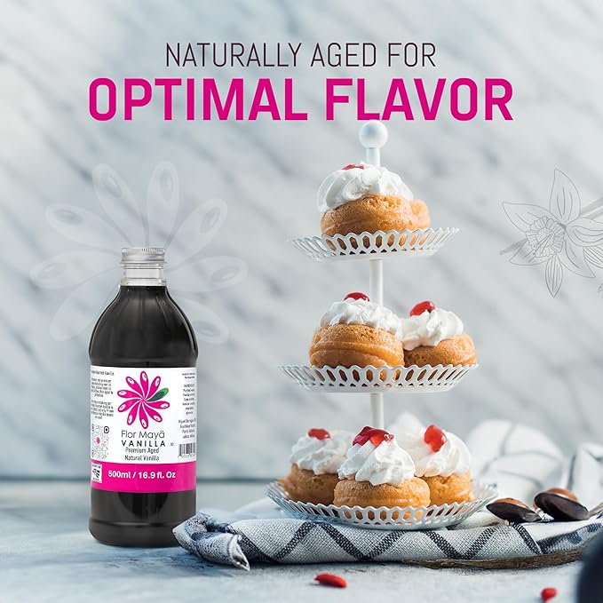 Flor Maya Premium Aged Pure Vanilla Extract – Handcrafted from Prime Mexican Vanilla Beans - Ideal for Gourmet Cooking & Baking Supplies – Gluten-Free, Non-GMO No Coumarin, – 16.9 Fl Oz (500 ml)