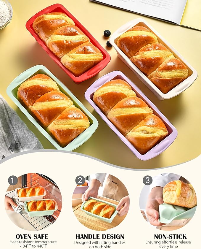 Mini Silicone Bread Loaf Pan, Non-Stick Bread Pans for Baking,Flexible Silicone Baking Molds for Bread, Cake, Meatloaf Size: 7.5''L x 3.7''W x 2.1''H (4PCS-Red+Green+White+Purple)