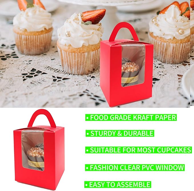 50-Set Individual Cupcake Boxes Bulk with Clear Display Window, Disposable Food Grade Red Cupcake Carrier Cupcake Container, Perfect for Cupcakes Muffins Cookies Pastries