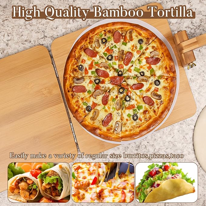 Premium Wooden Tortilla Press（Square 10"),Tortilla Maker Press Set with 50 Pieces Parchment Paper, Rolling Pin,Dough Scraper,Easy to Use and Clean,Durable and Solid.