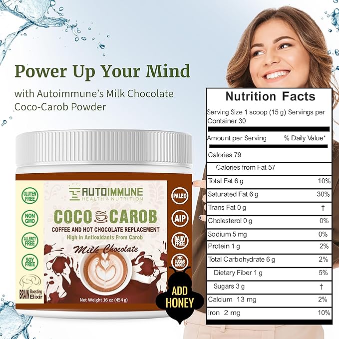 Milk Chocolate Coco Carob Powder - Caffeine Free Cocoa Powder & Coffee Alternative with Coconut Milk & Creamer for Cognitive & Energy Support - Soy, Gluten, Dairy, & Sugar Free Carob Chocolate