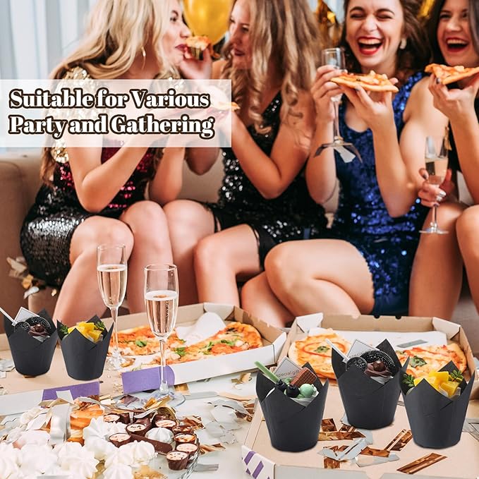 600 Pcs Tulip Cupcake Liners for Baking Muffin Liners Printed Baking Cups Holders Greaseproof Wrappers Decoration for Cupcake Bouquet Birthday Party Wedding Bride Shower (Black)