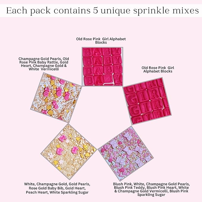 Confect Girls Baby Shower Sprinkles | Mix Gold, Pink & Silver Sprinkles | Pearls Dragees & Jimmies | Asssorted Pack of 5 Mix Heart, Start, Baby Rattle & Teddy Sprinkles | Vegan, Gluten-Free, Nut-Free, Soy-Free, Dairy-Free, Palm Oil-Free - 5 Oz