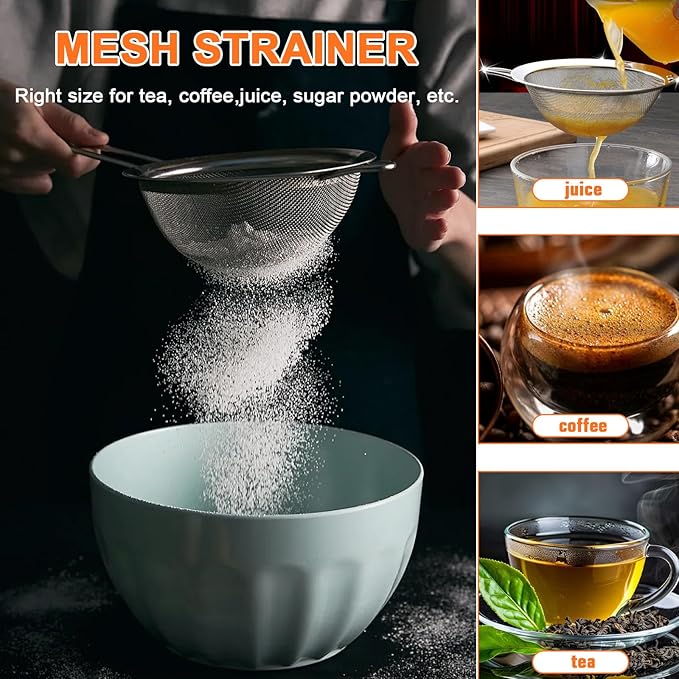 Flour Sifter, 8 Cup Stainless Steel Flour Sifters, 4 in 1 Baking Sifter Set with Powder Sugar Shaker Duster, Strainers Fine Mesh and Metal Scoop for Baking Cake, Pastries, Pies, Cupcakes, Desserts