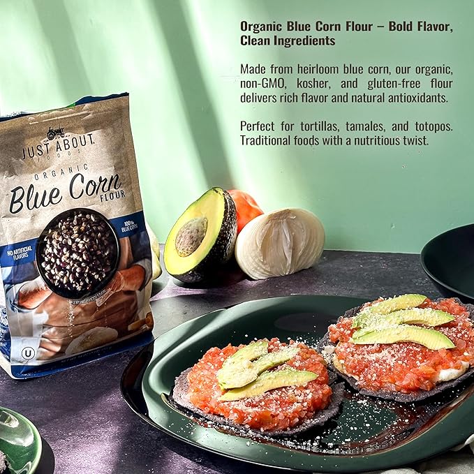 USDA Organic Blue Corn Flour 1lb, Flour for Tortillas, Sopes, and Mexican Dishes, Gluten-Free, Kosher and Vegan, Masa Flour for Baking, Just About Foods