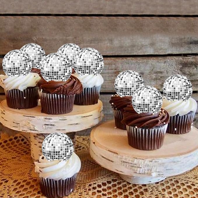 40Pcs Edible Sparkling Disco Ball Cowboy Hat Cupcake Topper Western Disco Ball Paper Cupcake Topper Selection Birthday Disco 2000s Theme Party