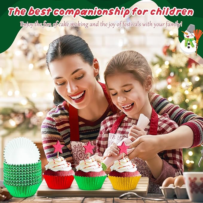 SANNIX 450Pcs Foil Cupcake Liners Christmas Metallic Cupcake Liners Muffin Baking Cups Christmas Cupcake Wrappers for Party Birthdays Baby Showers (Red, Green, Gold)