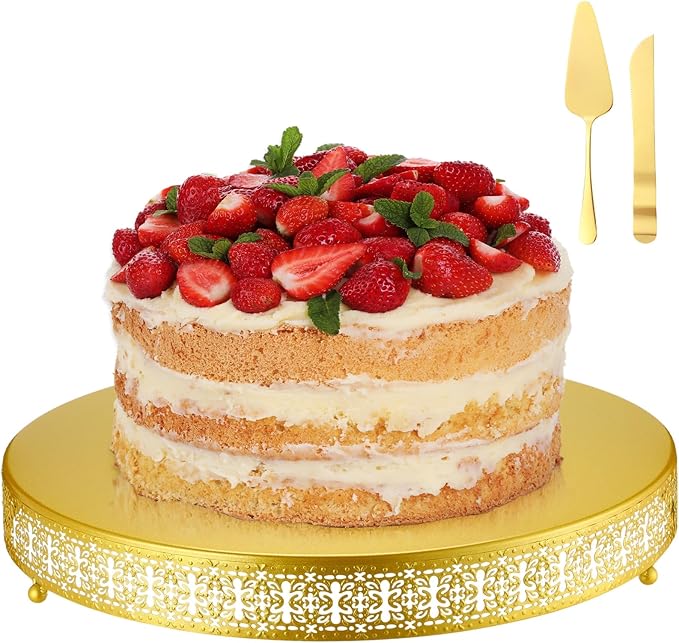 Wenqik Gold Cake Stand, 18 Inch Large Metal Round Cupcake Dessert Stand with Cake Knife and Server Wedding Cupcake Display Holder Cookies Serving Tray for Wedding Birthday Baby Shower Party