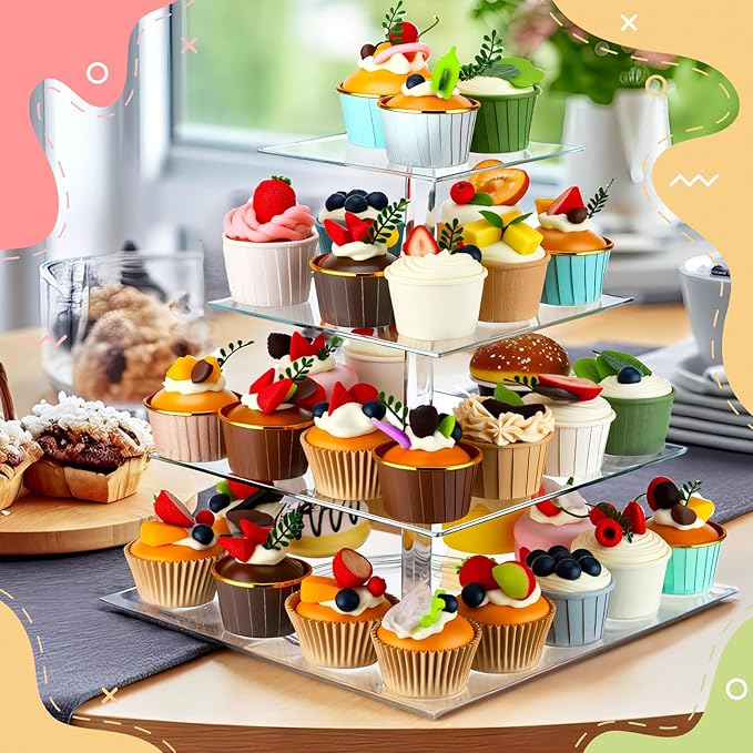 Tiered Cupcake Display Stand Rotatable Cake and Cupcake Tower Stand Combo Clear Acrylic Cake Holder with Tiered Tray for Dessert Pastry Birthday Wedding Party Table(4 Tire and Rectangle)