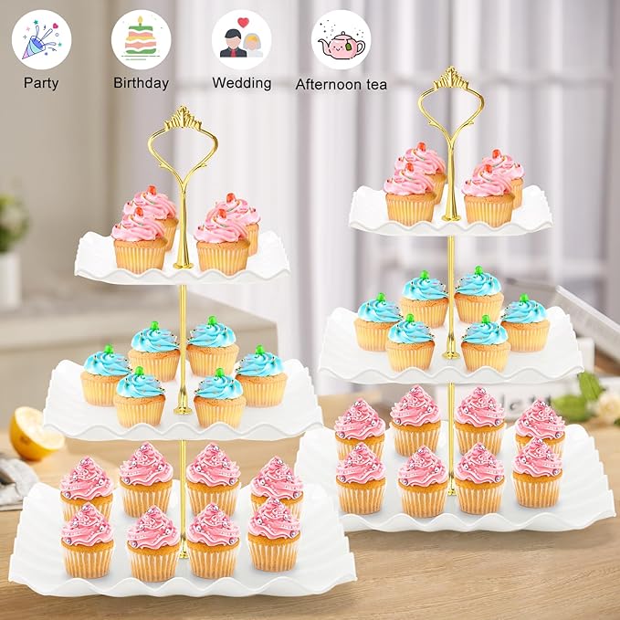 Coitak 8 Pieces Cupcake Stand Set, 2 PCS 3 Tier Cupcake Stands with 3 PCS Appetizer Trays, 3 PCS Serving Tongs, Dessert Tower Tray for Tea Party (White)