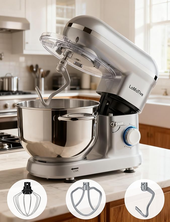 Stand Mixer 6QT Dough Mixer - 660W Kitchen Mixer 6-Speed Electric Mixer with Egg Whisk Dough Hook Flat Beater SILVER