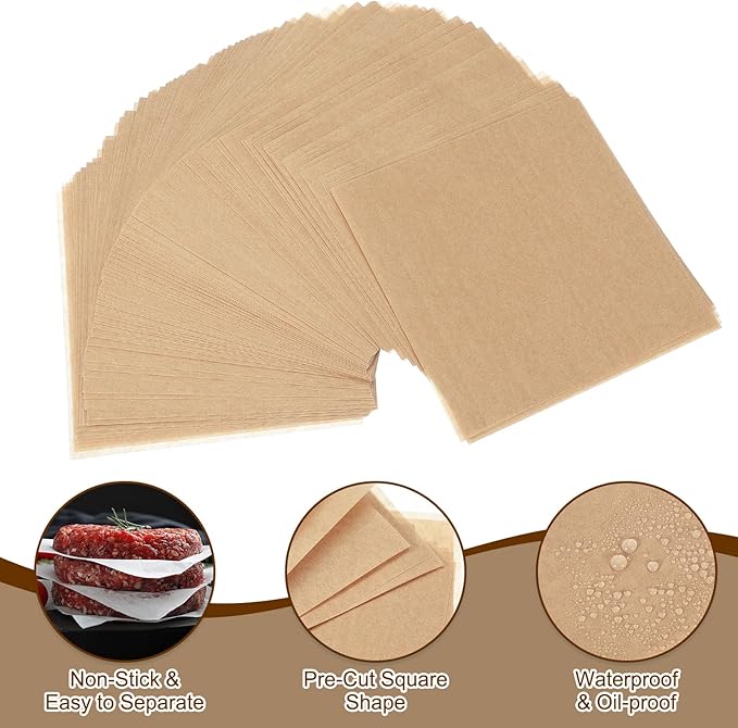 uxcell 500 Pcs Unbleached Parchment Paper Baking Sheets Squares, 3.5 Inch Hamburger Patty Paper, Non Stick Parchment Pulp Paper for Baking Grilling or Meat Storage, Wood Color