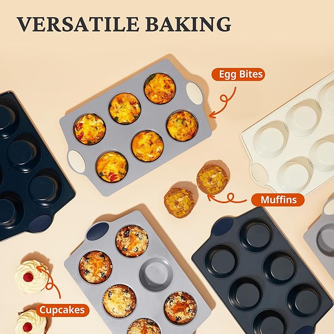 BRONYPRO 2-Pack 6-Cup Non Toxic Nonstick Ceramic Jumbo Muffin Pan & Cupcake Tin, PFOA & PFOA Free, Heavy Duty Rust-Resistant Aluminized Steel, Oven & Dishwasher Safe, Blue