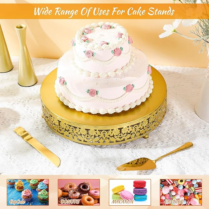Wenqik 14 Inch Gold Metal Cake Stand Set Round Cupcake Dessert Stand with Cake Cutting & Spatula Candy Table Display for Party Wedding Birthday Baby Shower Housewarming Party Celebration