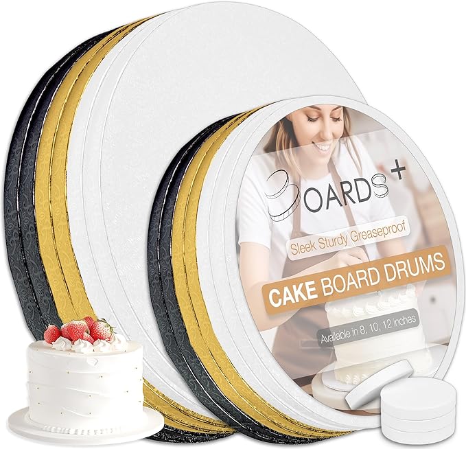 BOARDS+ 12 Pack Cake Drums 8 & 10 Inch in White, Gold & Black Color | 1/2" Thick CakeBoard Circle Rounds + Free Prop Up Tools | Fully Greaseproof, Sturdy for Heavy/Tiered Cakes