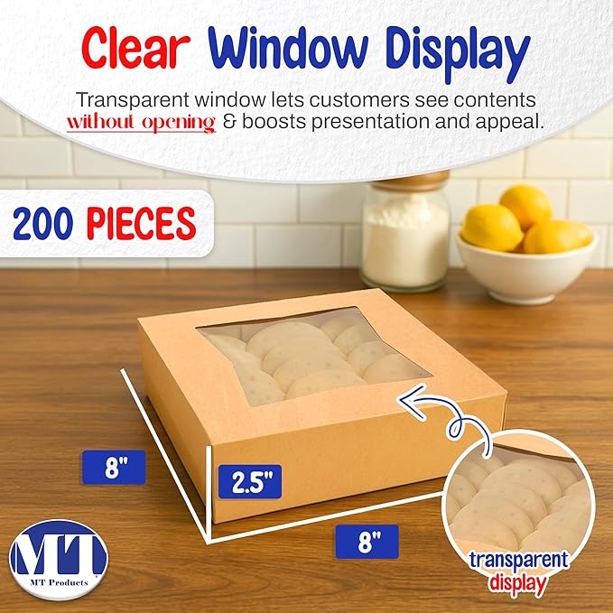 MT Products Kraft Cookie Boxes 8" x 8" x 2.5" - Auto Pop-Up Bakery Boxes with Window (Pack of 200) - Made in USA