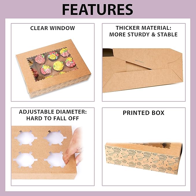 (10-Pack) Cupcake Boxes Bulk | Cupcake Holder with Lid | Disposable Cupcake Containers | Food Grade Kraft Bakery Boxes with Window to Fit 12 Cupcakes, Cookies, Muffins ,Pastry, Long Treats