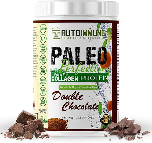 Paleo Perfection Double Chocolate Grass Fed Beef Collagen Protein Powder without Stevia - Paleo, Keto, SCD, AIP Protein Powder w/ Apple Fiber, Carrot, Broccoli - 300g Protein Powder & Superfood Blend