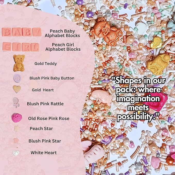 Confect Girls Baby Shower Sprinkles | Gender Reveal Sprinkles | Assorted Pack of 5 Mix Rose Gold, Peach, Blush Pink & Gold Edible Sprinkle | Vegan, Gluten-Free, Nut-Free, Soy-Free, Dairy-Free, Palm Oil-Free - 5 Oz