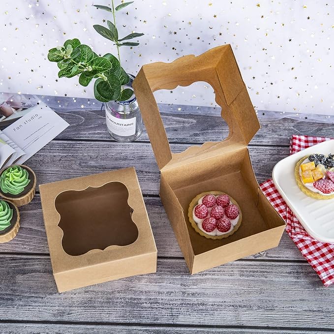 ONE MORE 6"x6"x3"Brown Bakery Boxes with pvc Window for Pie and Cookies Boxes Small Natural Kraft Paper Box 6x6x3inch,Pack of 15