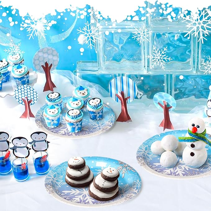 AFZMON 50 Pack Frozen Party Plates Dessert Paper Dinnerware Plates, 7 Inch Winter Snowflake Theme Disposable Round Plate for Christmas Xmas Winter Wonderland Frozen-theme Party Supplies
