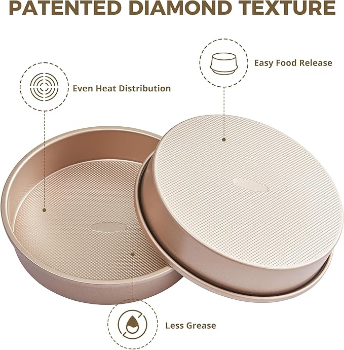 HONGBAKE 9 Inch Round Cake Pan Set of 2, Nonstick Ceramic Coating Cake Molds with Diamond Texture, Aluminized Steel Cake Pans Sets for Baking & Cheesecake, Heavy Duty & Non-Toxic (Gold, 2PCS)