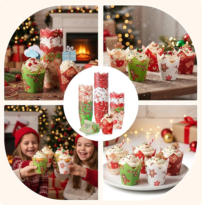 500 Counts Christmas Tulip Cupcake Liners Birthday Party Muffin Cupcake Baking Liners Grease Proof Cake Liner Holders for Fall Christmas Halloween Birthday Party