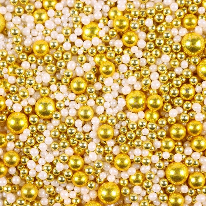 Gold Sprinkles for Cake Decorating White Pearls Sugar Metallic Sprinkles Cupcake Cookies Ice Cream Toppings 4.23 Ounces Cake Decorations Baking Perfect for Wedding New Year’S Eve Christmas Party