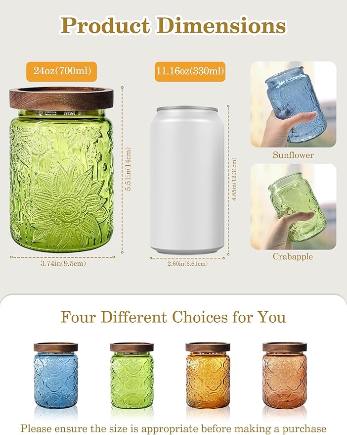 Glass Jars with Airtight Wood Lids – 24 OZ Set of 4 Kitchen Pantry Bathroom Storage Canisters, Decorative Vintage Containers for Candy, Coffee, Cookie, Cereal, Nuts, Oats, Flour, Sugar, Tea, Sunflower