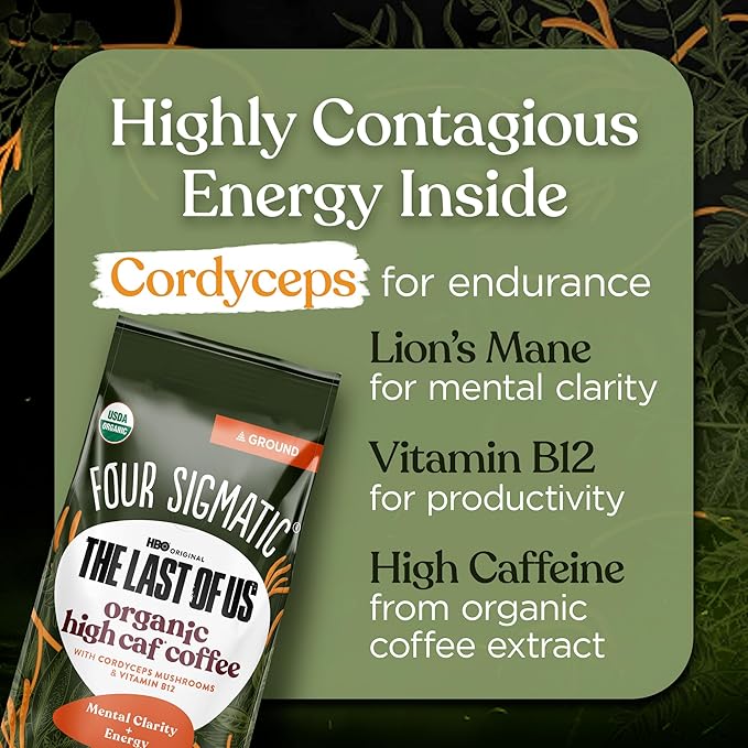 Four Sigmatic Focus Max High Caffeine Cordyceps Coffee | Organic Dark Roast High Caffeine Ground Coffee with Cordyceps, Lion's Mane and B12 | Energy Booster Without the Jitters | 10oz Bag