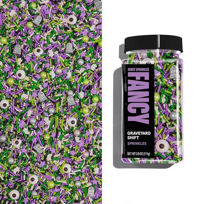 Fancy Sprinkles Graveyard Shift Purple and Green Crunchy Sprinkles, Plus Candy Eyeballs, Ghostly Confetti, and Eerie Tombstone Shapes (0.5c)