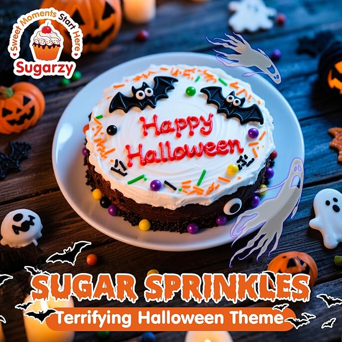 Halloween Sprinkles,Edible Candy Eyeballs,4 Pack,12 ounces,Nonpareils Sprinkle,Thanksgiving Sprinkle,Orange Pumpkin Black Green Pearls Jimmies Sanding Sugar Mix,Perfect for Cake Decorations,Baking,Cookies, Cupcake Topper