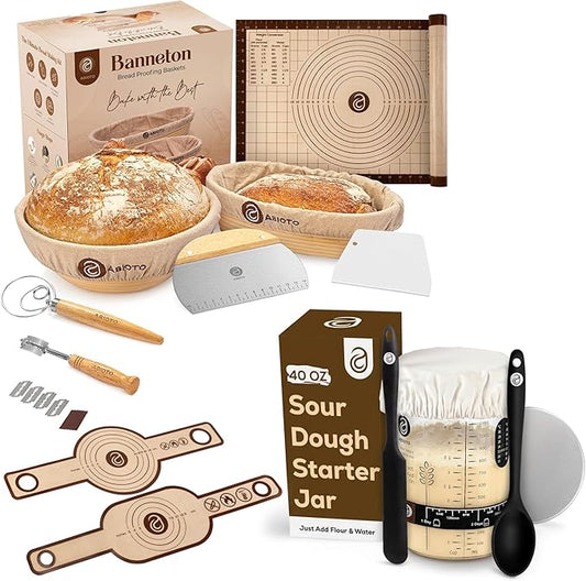 Sourdough Bread Making Kit with 9" Round & 10" Oval Bannetons and 40 oz Starter Jar – Complete Sourdough Kit with Lame, Whisk, Scrapers, Slings, Mat, Silicone Spatula & Cloth Covers