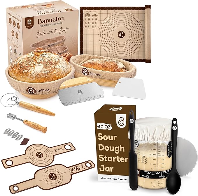 Sourdough Bread Making Kit with 10" Round & 11" Oval Bannetons and 40 oz Starter Jar – Complete Artisan Sourdough Kit with Lame, Whisk, Scrapers, Slings, Mat, Silicone Spatula & Cloth Covers