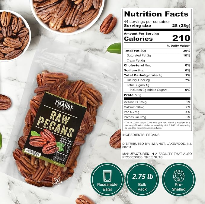 Premium Raw Pecan Halves 44oz (2.75 lb) | American-Grown, Non-GMO | Batch Tested Gluten & Peanut Free | No PPO or Preservatives | Rich Flavor for Snacking & Cooking
