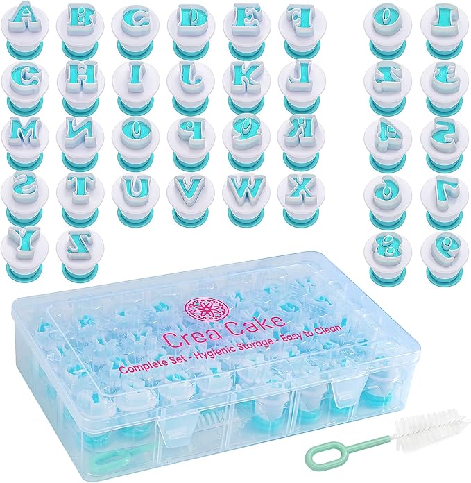 Crea Cake® 36 pcs Fondant Alphabet Letter Cutters, BPA Free Letter Plunger for Cake Letters Edible, Alphabet Cookie Cutters, Number & Letter Cutters for Cake Decorating, Stamps in Storagebox and Brush
