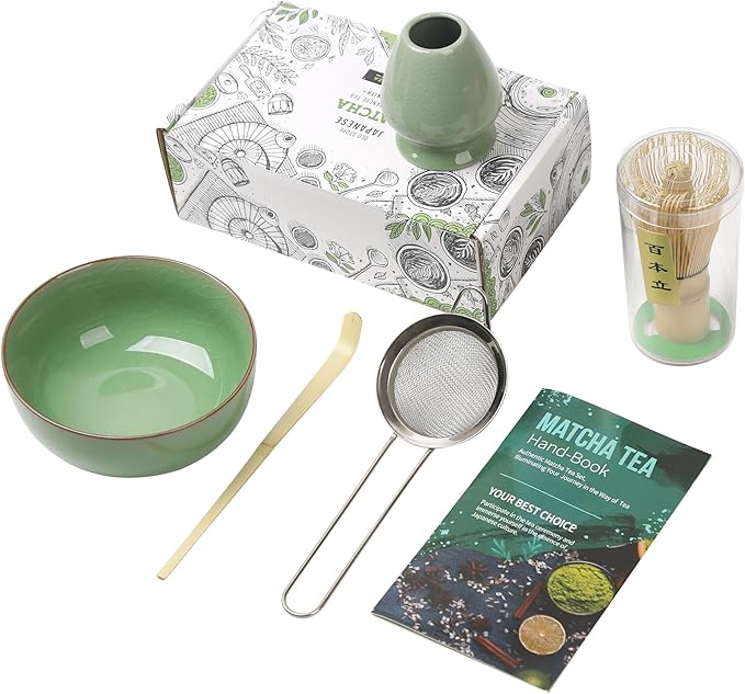Matcha Whisk Set – 5 Piece Bamboo Whisk Kit with 100-Prong Chasen, Scoop, Tea Sifter, Whisk Holder & Ceramic Bowl – Traditional Japanese Style for Matcha Lovers (Green)