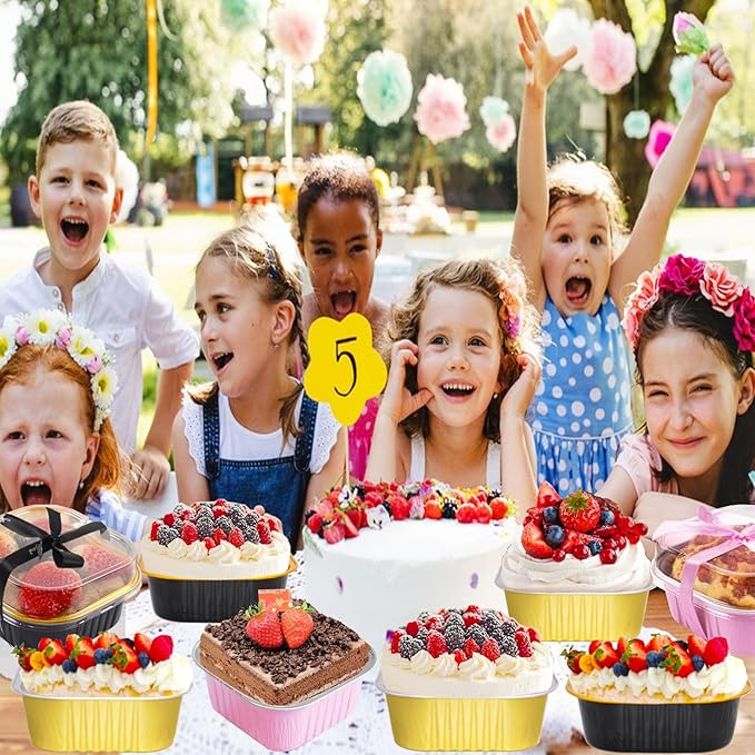 5oz Mini Cake Pans With Lids 50 Pack Aluminum Foil Square Brownie Baking Cups,Disposable Loaf Pans With Lids and Spoons Ribbon,Cupcake Pans Muffin Cake Tins Cake Container(Black)