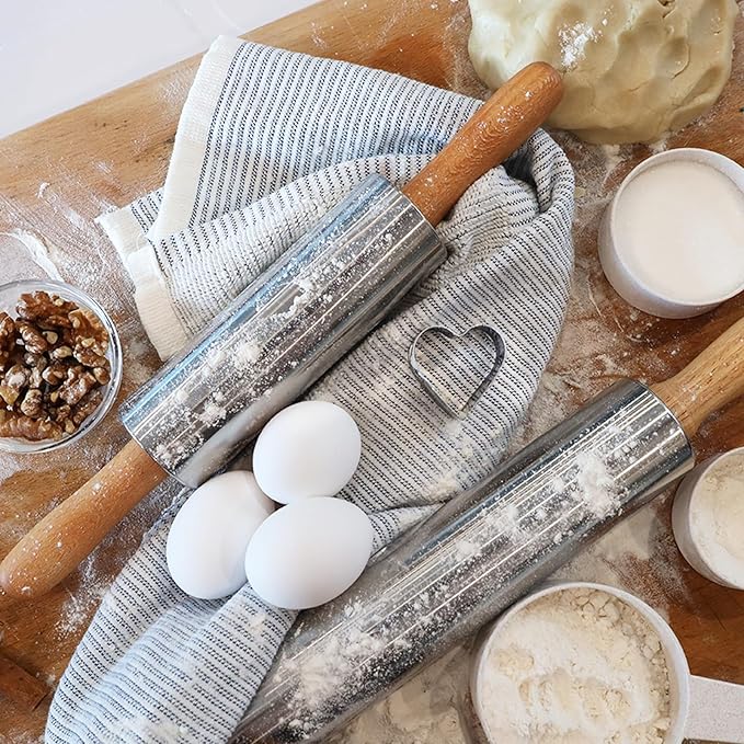 Beille Oak Wood Stainless Steel Barrel Classic Bakers Rolling Pin Baking Supplies Kitchen Essentials (2 Sizes) (17 Inch)