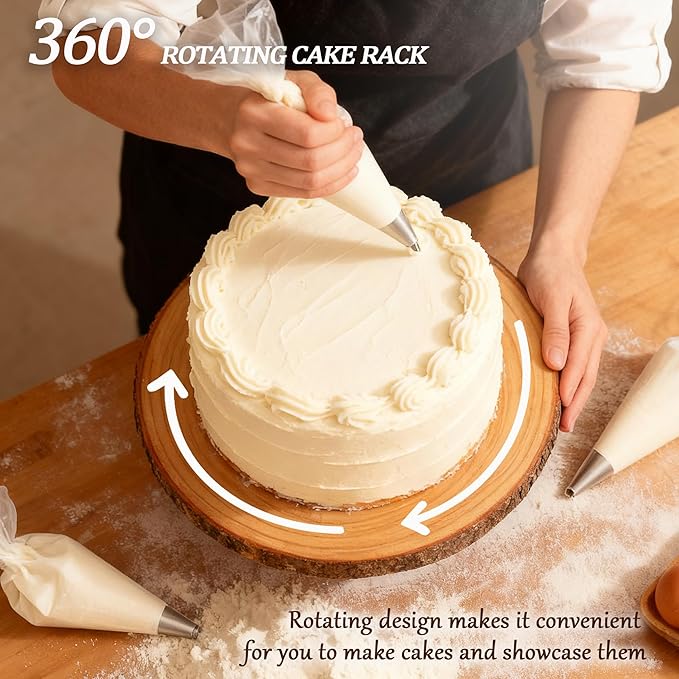 12" Cake Stand Rotating,Round Cake Holder with Cake Cutting Set,Wooden Cake Plate Display Stand for Party/Wedding/Birthday/Cupcake Decorating Supplies