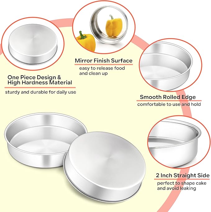 Herogo 8 Inch Round Cake Pan Set of 3, Stainless Steel Nonstick Layer Tier Birthday Wedding Cake Pans, Fit Oven Pots Pressure Cooker, Mirror Finish, Dishwasher Safe