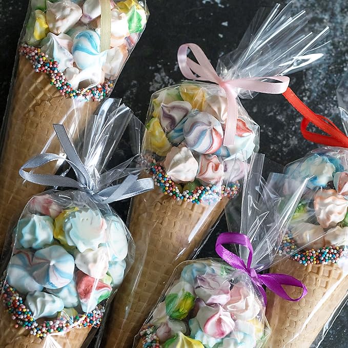 Morepack Cone Shaped Treat Bags, 6.3x11.8 Inches Clear Cone Shaped Cellophane Treat Bags, Triangle Plastic Bag for Popcorn Favor, Candy,100 Pieces