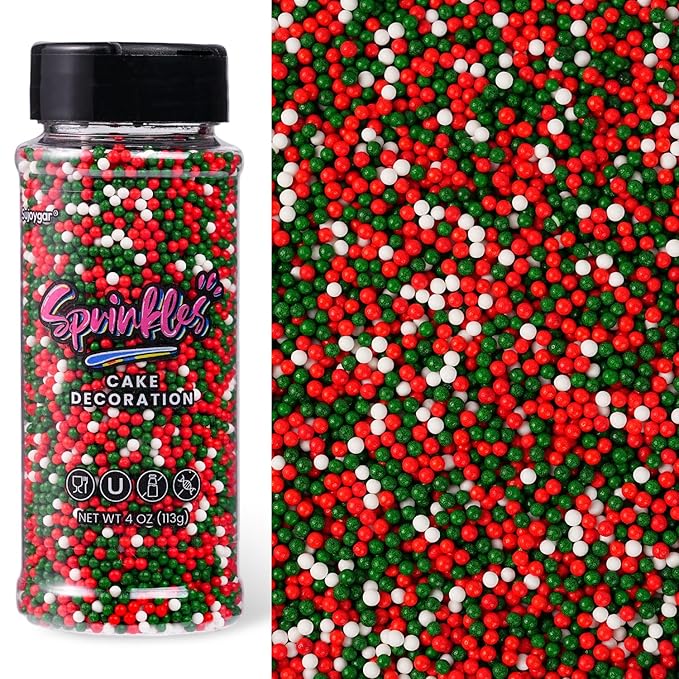 Christmas Nonpareils Sprinkles, Sujoygar 4oz Christmas Sprinkles for Cake Decorating,Edible Balls for Cupcake Toppers Baking Cookie Ice Cream Dount Chocolate