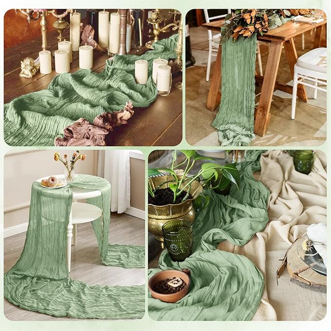 6 Pack Sage Green Cheesecloth Table Runner 17x108 Inch Semi Sheer Boho Gauze Cheese Cloth Fabric Table Runners, for Wedding Party Baby Shower Birthday Home Decor Garden Farmhouse