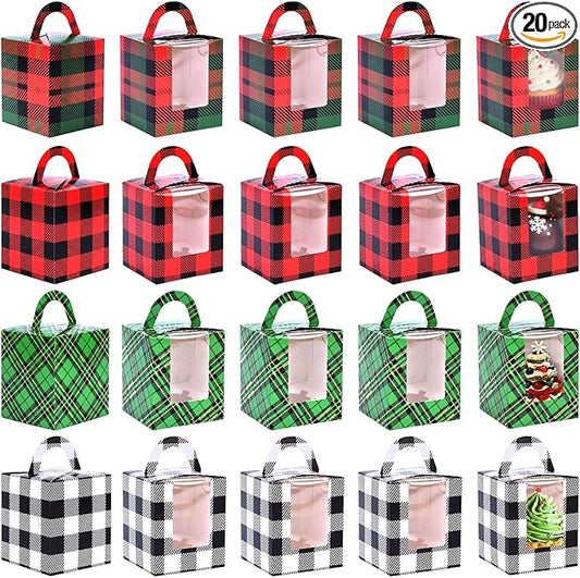 20PCS Christmas Cupcake Boxes, Cookie Boxes with Window Insert Handle Plaid Bakery for Christmas Muffin Pastry Treat Gift Party Favors 3.7" x 3.7" x 4.3"
