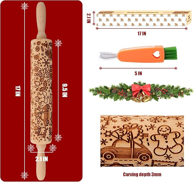 17" Premium Wood Rolling Pins for Baking with Gingerbread Embossed Designs | 3mm Deep Springerle Cookie Molds | Christmas Rolling Pin & Baking Gifts for Women | Includes 3-in-1 Cleaning Brush