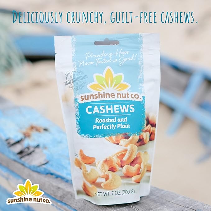 Sunshine Nut Company Whole Roasted Cashews, Perfectly Plain Flavor, No Added Salt, 4 Pack, 7 oz. Each, Gluten Free, Peanut Free and Vegan Individual Snack Packs for Kids and Adults, GMO Free