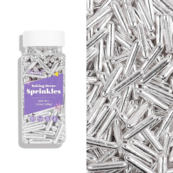 Cobakey Bright Silver Sprinkles for Cake Decorations 100g/ 3.52oz Rods Metallic Pearl Sugar Sprinkles for Cupcake Toppers Wedding Party Valentines Halloween Christmas Supplies