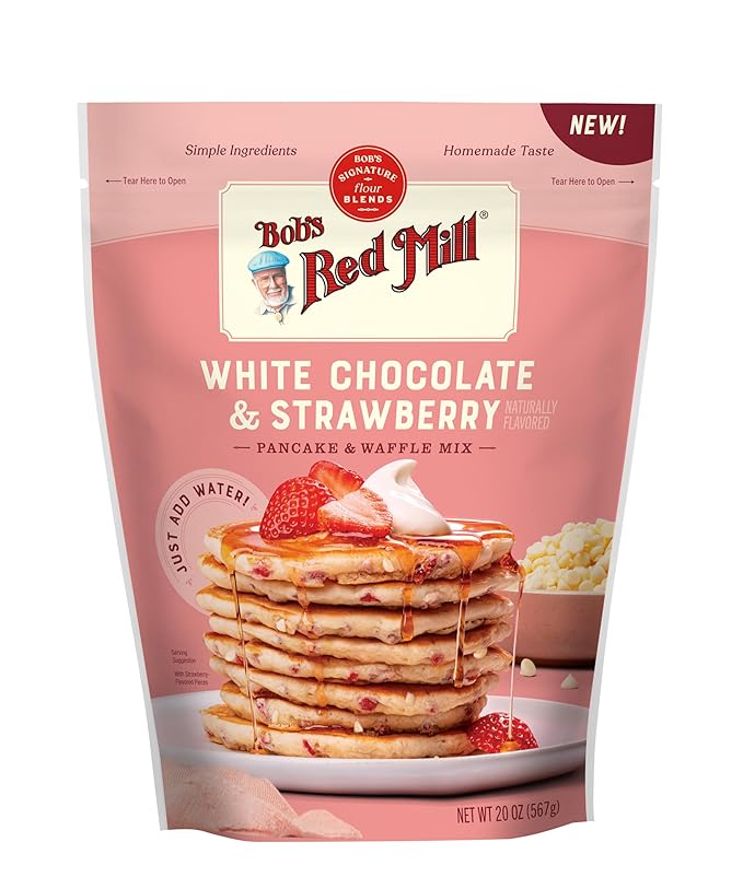 Bob's Red Mill White Chocolate & Strawberry Pancake Mix, 20oz (Pack of 4) - Just Add Water, Makes 32-40 Pancakes per Bag