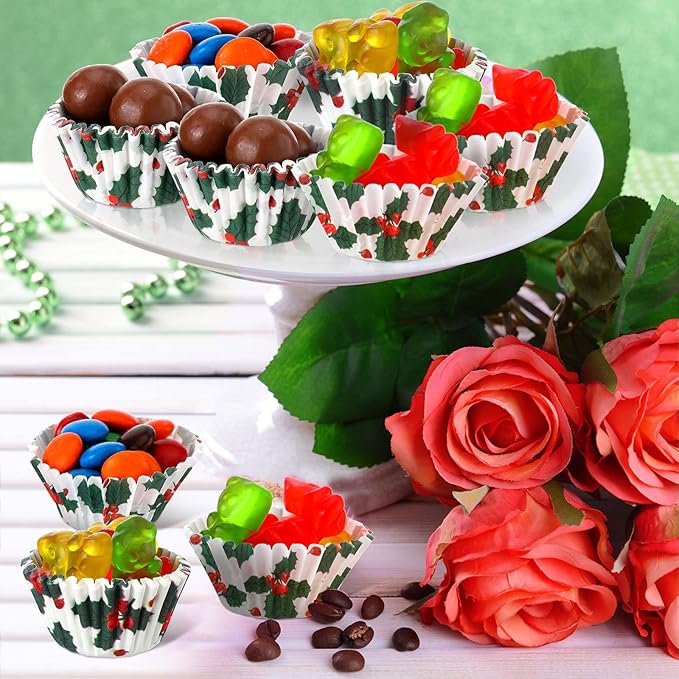Funtery 600 Pcs Christmas Cupcake Liners Mini Muffin Liners Paper Candy Cups 1.3 Inch Holly Print Baking Cups Small Xmas Cupcake Wrappers for Baking Truffles Chocolates Making(Holly)